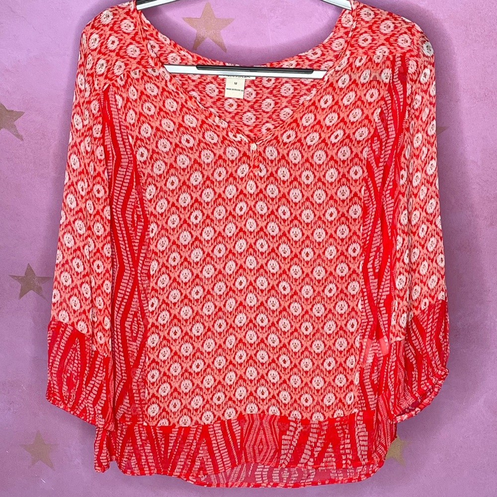 Lucky Brand Orange Printed Chiffon Semi Sheer Top Medium